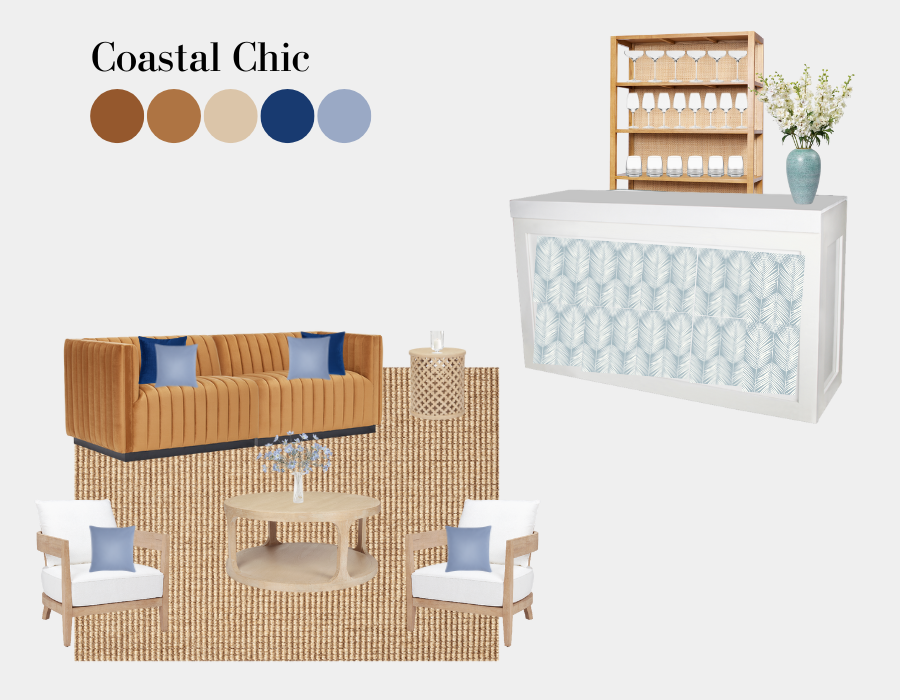 Lounge seating and blue accent pillows with white bar and back bar with a coastal feel